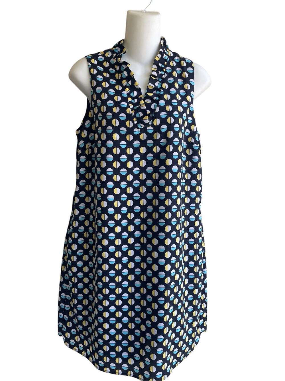 Crown & Ivy Sheath Dress Blue Multi Retro Dot Print Ruffle Neck Woman's Size 8